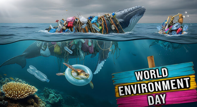 World environment day whale entangled in plastic pollution ocean conservation awareness campaign