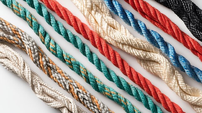 Multiple colorful twisted nylon ropes arranged in parallel rows against a clean white textured background surface