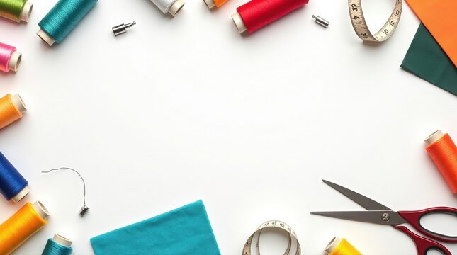Collection of sewing and crafting materials including thread spools fabric squares scissors with flat lay scissors crafting material supplies needlework quilting tailoring handmade