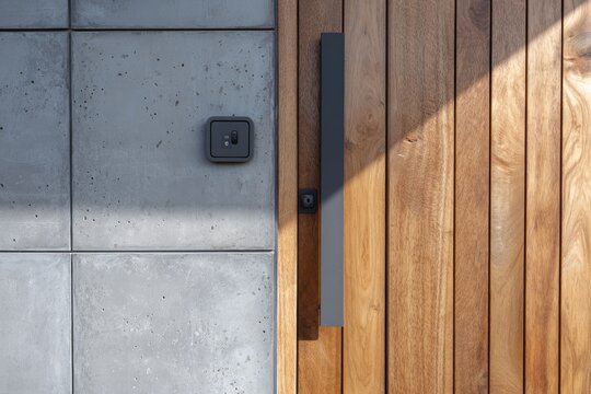 Modern entry wood door meets concrete wall with dark hardware