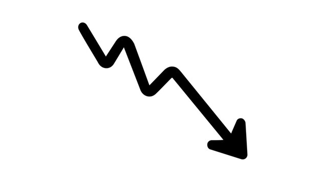 Minimalist vector icon illustration of a jagged downward arrow representing a stock market crash, financial loss, bearish trend, and short selling in a clean line art style for business data.