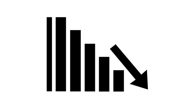 Vector icon illustration of a downward bar chart with a falling arrow, representing short selling, stock market crash, financial loss, economic recession, and bearish market trends in flat style.