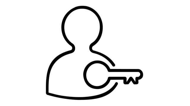 Minimalist vector icon illustration of a person silhouette with a key symbol, representing user access, security login, account authentication, and privacy protection in a clean line art style.