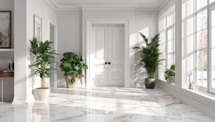 Fototapeta premium Bright, sunlit hallway with marble floors and potted plants