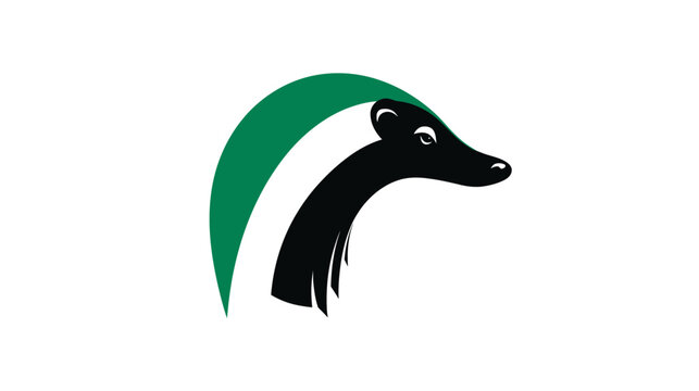 Stylized ferret or weasel head illustration with black and white fur and a green arc graphic design element on a white background