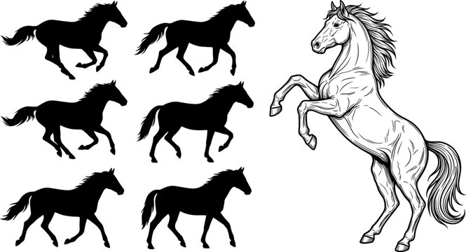Running Horse Silhouette and Rearing Stallion Vector Set with Detailed Hand Drawn Line Art for Equestrian Branding Ranch Logos Horse Racing and Western Style Graphic Designs
