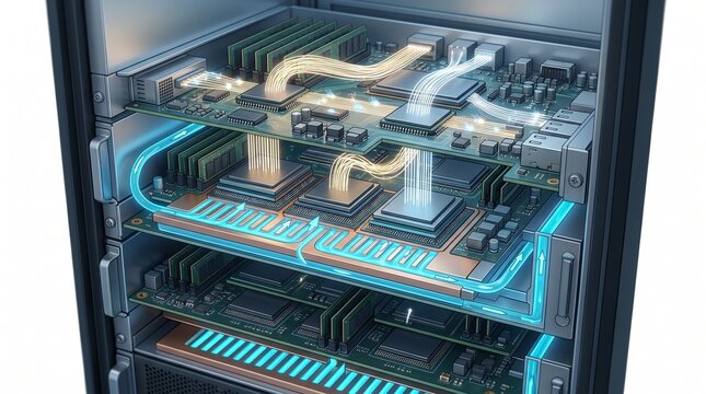Microscopic Cross-Section of HPC Server with Photon bursts and Coolant Flow Diagram