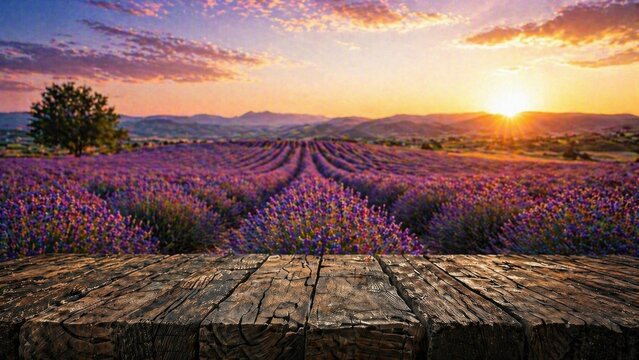 Beautiful Lavender Field at Sunset with Rustic Wooden Table Foreground