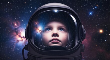 Fototapeta premium Child wearing astronaut helmet looking at night sky. Curious kid imagining space travel and exploring stars. Dreamy concept of future discovery, astronomy education and childhood wonder.
