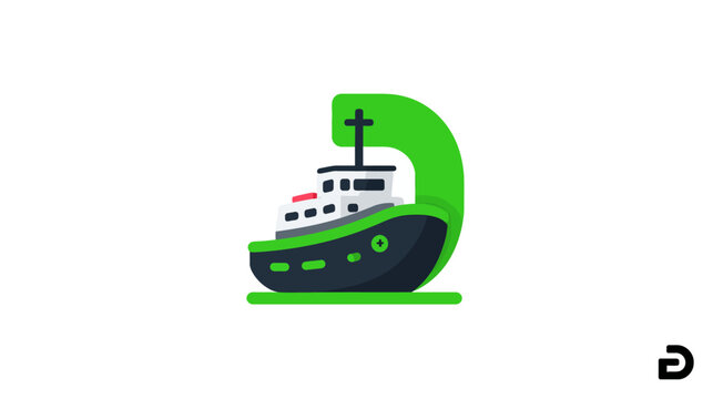 Dynamic flat design vector illustration of a modern green tugboat with a stylized wave element, ship icon on white background, marine vessel graphic.