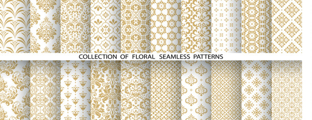 Naklejka premium Geometric floral set of seamless patterns. White and golden vector backgrounds. Damask graphic ornaments