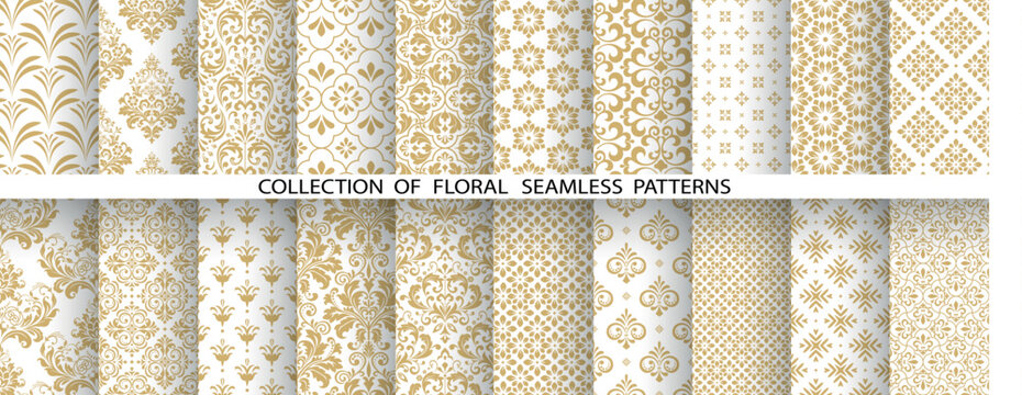 Geometric floral set of seamless patterns. White and golden vector backgrounds. Damask graphic ornaments