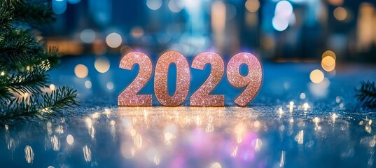 Fototapeta premium Festive and Bright New Year 2029 Greeting with Colorful Fireworks and Sparkling Celebration Card