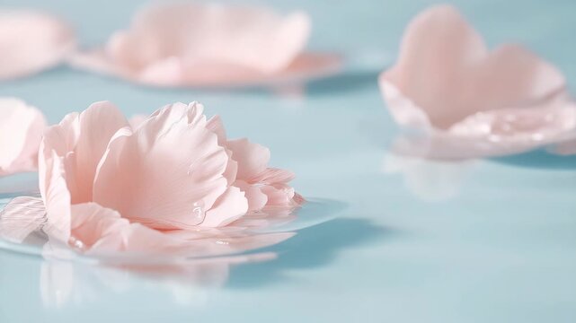 Pink flowers gently float on the water's surface. The arrangement is simple and beautiful under natural light. The calm water allows for clear reflections of the flowers