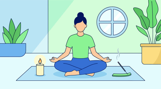 Woman meditating in a peaceful indoor setting.