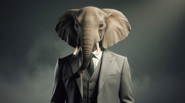 A surreal image of a man in a suit with an elephant's head, blending human sophistication with the wild essence of nature.