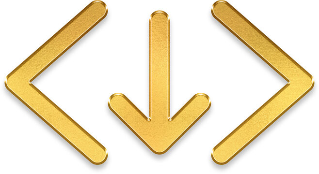 Golden code bracket download arrow icon with metallic texture for developer software and web tools