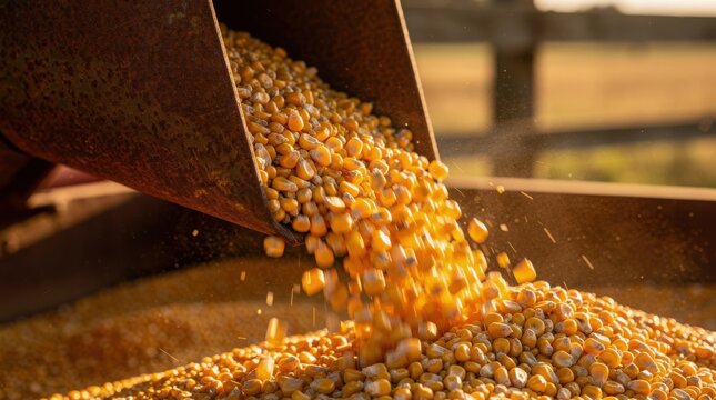 A close-up of corn kernels spilling from a grain hopper, capturing the vibrant yellow hues and the texture of the grains in a sunny agricultural setting.