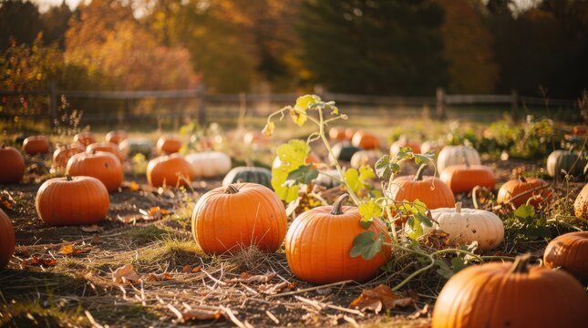 A vibrant pumpkin patch in autumn, featuring a variety of pumpkins amidst fallen leaves and lush greenery under soft sunlight.