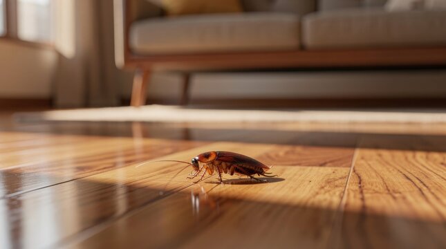 A close-up of a cockroach on a wooden floor, illuminated by natural light, set in a modern living space.