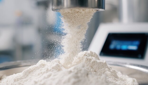 Fine white powder is dispensed from a metal chute onto a growing pile