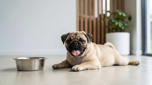 Dog heat stroke. dog heat stroke pug panting tongue thirsty water bowl pet dog heat stroke care. Exhaustion health, pet cooling prevention, high temperature care dehydration, hot, water, summer