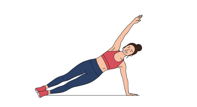 Athletic young woman in a red sports bra and blue leggings performs a side plank exercise to strengthen her core and improve fitness.