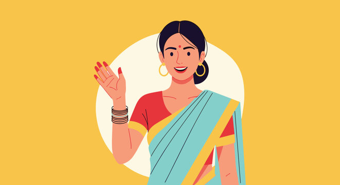Smiling Indian woman wearing a traditional blue and red saree waves her hand against a yellow background with a white circle.