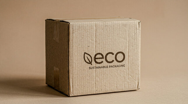 Simple 3D eco packaging box made of recycled paper on neutral beige