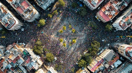 Aerial view of a crowded urban plaza with a sea of people