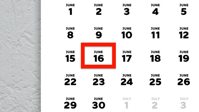 Close-up of the date June 16th marked with a red cursor on the wall calendar 2026