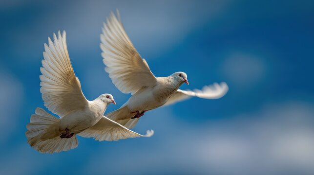Two white doves in flight against a clear blue sky with wispy clouds