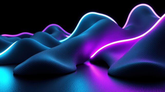Abstract landscape, glowing neon lines define undulating forms. Dark background emphasizes vibrant blues, pinks. Modern digital art.
