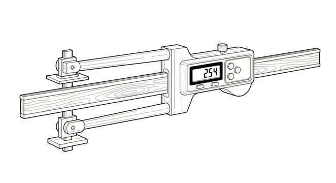 A digital vernier caliper measures length on a flat surface with precision tools.