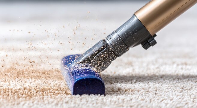 Close-up of a vacuum cleaner head lifting dirt from a carpet