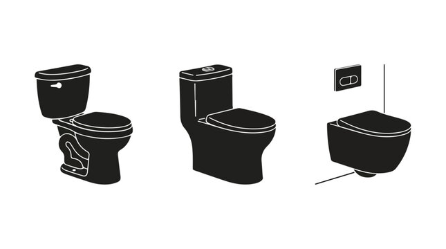 Black and white illustration of three different toilet designs against a clean white background.