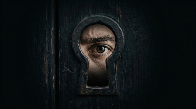Eye of man looking through keyhole. Secret surveillance and peeping concept. Private investigation or spying activity. Hidden observer watching from darkness behind a vintage door lock.