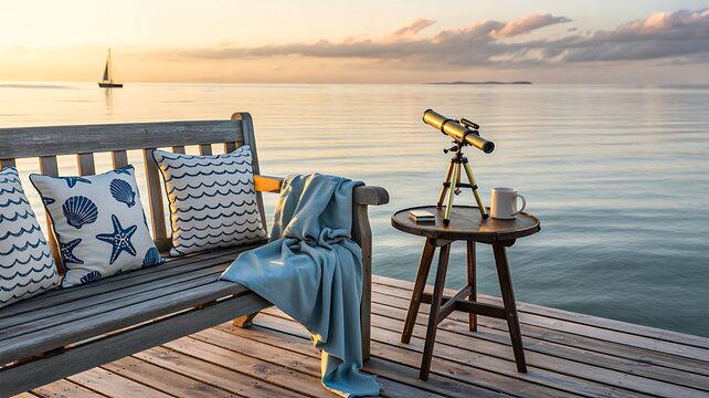 Luxury seaside lounge setup with telescope and comfortable outdoor seating overlooking calm ocean at sunset