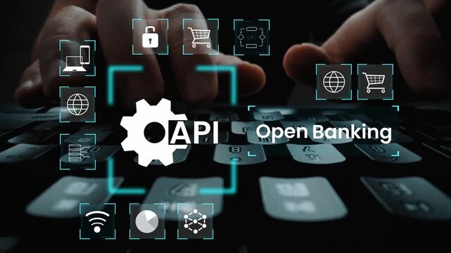 Hands Typing on Keyboard with Open Banking Concept and API Elements Showcasing Digital Innovation in Financial Technologies Gluon.