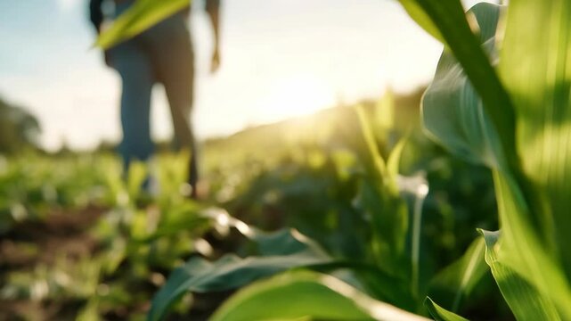 A person walks through a cornfield during sunset. The camera shows bright corn plants and sunlight shining through the leaves. The scene focuses on the growth of the corn