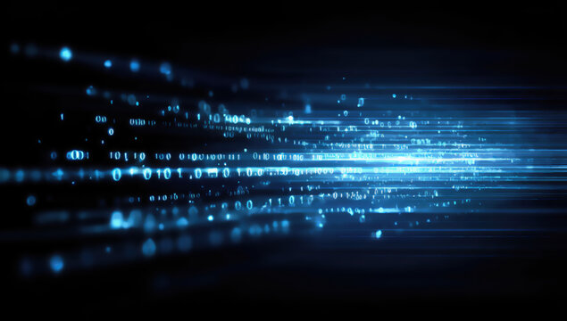 Abstract blue digital data stream, glowing light streaks, black background