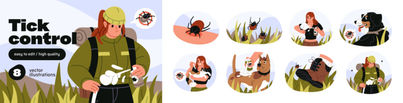 Tick control set. Prevention of insects bites with insecticide spray on nature. Treatment of pets, clothes, skin and dogs from parasites with repellents. Flat isolated vector illustrations on white