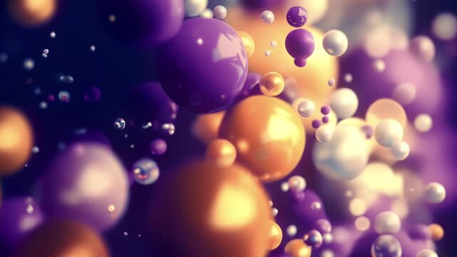 Premium 4K animation of glossy purple and amber spheres in weightless motion. Features deep bokeh and luxury lighting, perfect for high-tech branding and creative projects