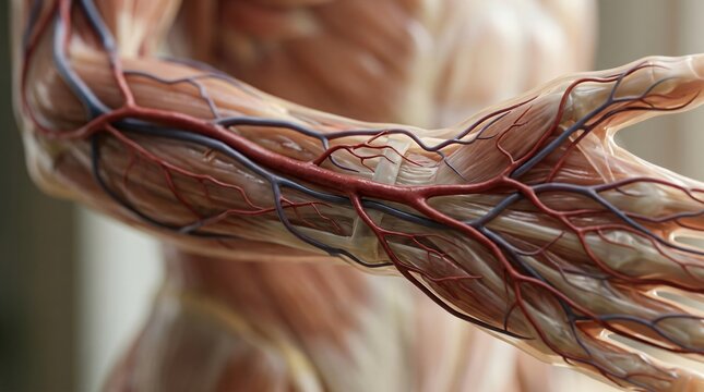 Human arm showing anatomy of muscle, vein and artery structure. Educational 3D medical model demonstrating circulatory system and body muscular texture. Scientific health care study.