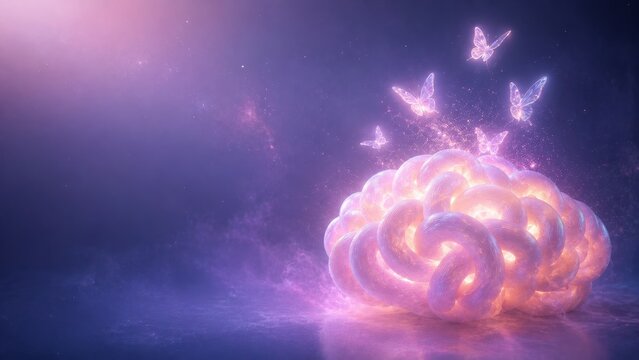 Glowing 3D Human Brain with Radiant Butterflies and Magic Copy Space Background