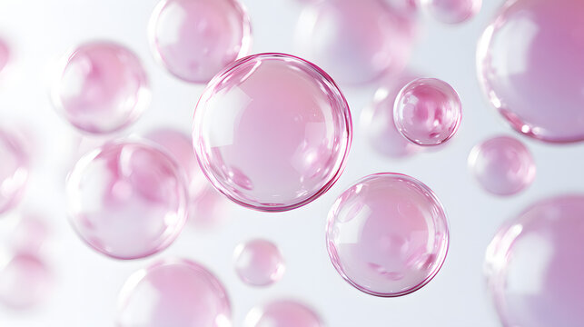 Floating Pink Bubbles with Reflective Surfaces - Abstract Skincare or Science Concept