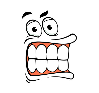 Cartoon exaggerated anxious face with big eyes and massive gaping mouth full of oversized teeth and orange gums. Vector funny expression face for social media reactions, stickers or apparel designs