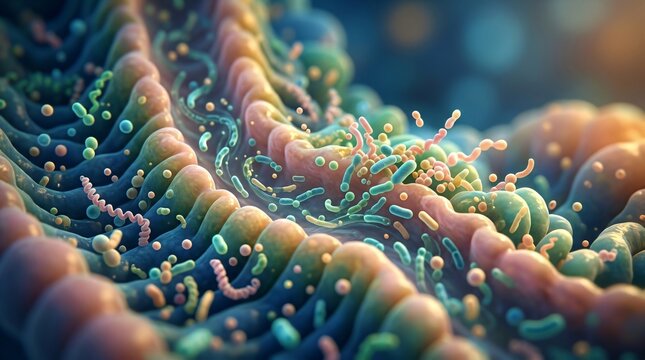 Microscopic view of human gut microbiota with colorful bacteria living on intestinal wall. Biological structure of digestive microbiome for medical research and healthcare science.