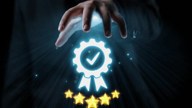 A hand reaches out towards a glowing badge icon symbolizing quality and achievement, surrounded by shining stars. This image represents excellence and recognition. Qubit