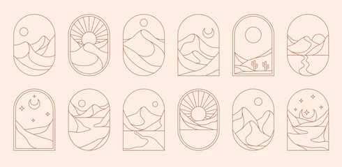 Fototapeta premium Desert mountains landscape boho icons, aesthetic window frames. Vector linear sun, moon and stars, cactus, dunes and flowing lines evoking calm adventurous outdoor travel and natural horizon scenes